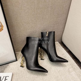 Ysl Autumn Winter Fashion Calf Leather Pointed High Heel Short Boots For Women Black