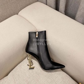 Ysl Autumn Winter Fashion Calf Leather Pointed High Heel Short Boots For Women Black