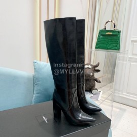 Ysl Fashion Cowhide Thick High Heeled Long Boots For Women Black