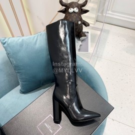 Ysl Fashion Cowhide Thick High Heeled Long Boots For Women Black