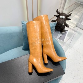 Ysl Fashion Cowhide Thick High Heeled Long Boots For Women Brown