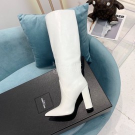 Ysl Fashion Cowhide Thick High Heeled Long Boots For Women White