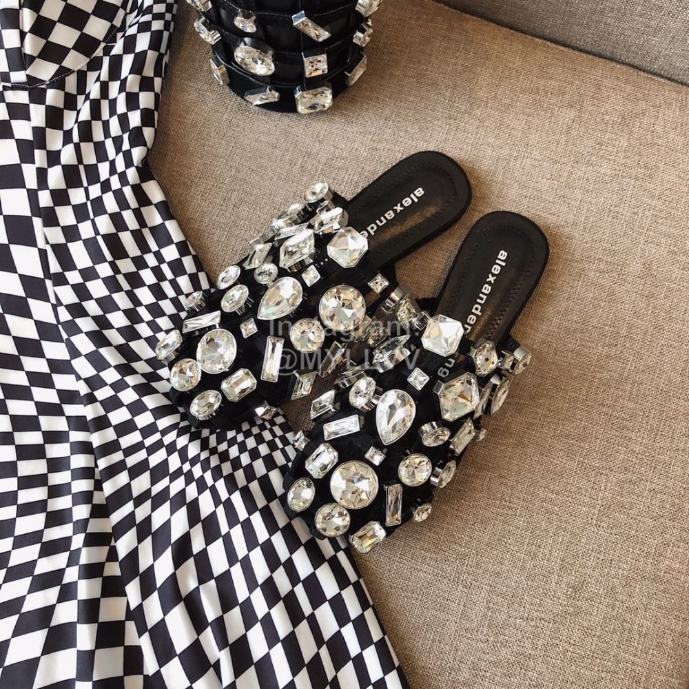 Alexander Wang Spring Summer New Diamond Black Flat Heel Sandals For Women 