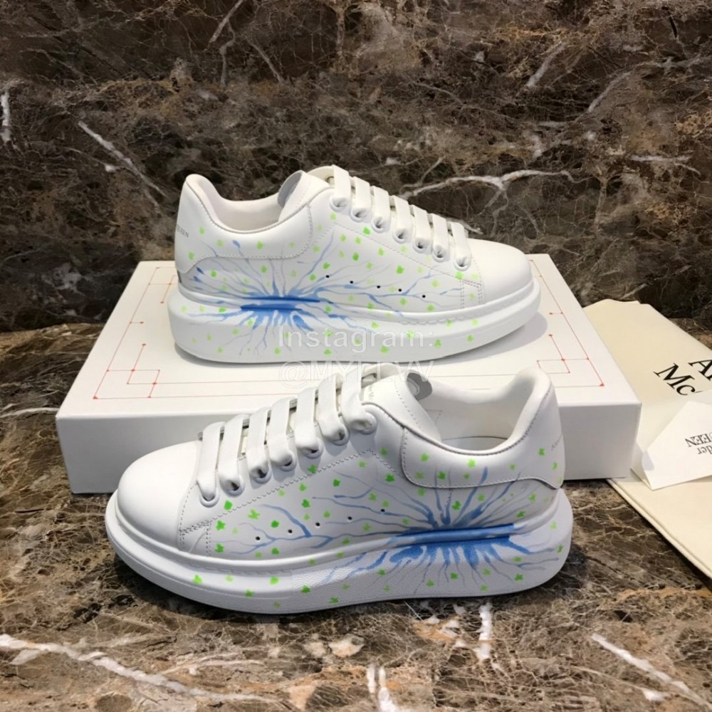 Alexander Mcqueen Blue Printed Silk Calf Leather Thick Soled Casual Shoes For Men And Women