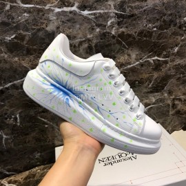 Alexander Mcqueen Blue Printed Silk Calf Leather Thick Soled Casual Shoes For Men And Women