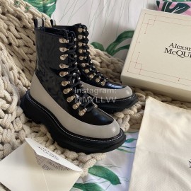 Alexander Mcqueen Fashion Thick Bottom Leather Lace Up Boots Gray