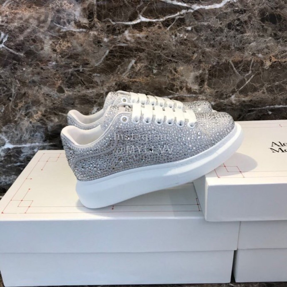 Alexander Mcqueen New Silk Leather Shining Diamond Casual Shoes For Men And Women Silver