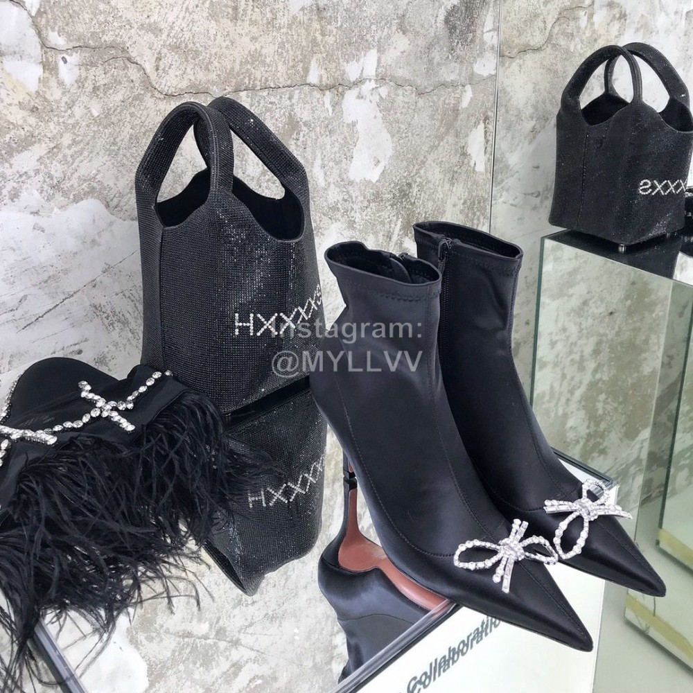 Amina Muaddi Autumn Winter New Diamond Bow Silk High Heeled Boots For Women Black