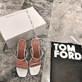 Amina Muaddi New Square Head Diamond High Heel Slippers For Women White