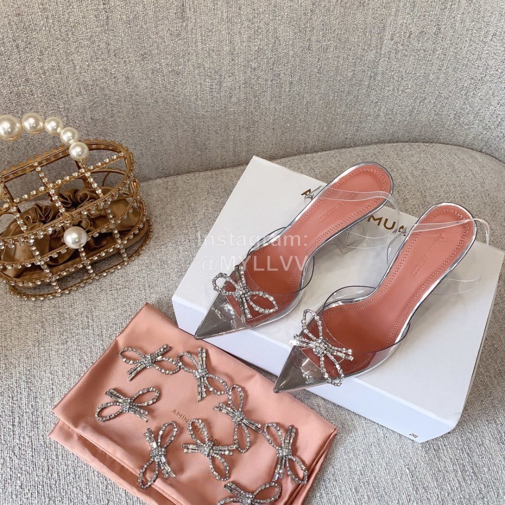 Amina Muaddi Bling Bling Silver Bow Buckle High Heel Sandals For Women 