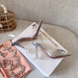 Amina Muaddi Bling Bling Silver Bow Buckle High Heel Sandals For Women 