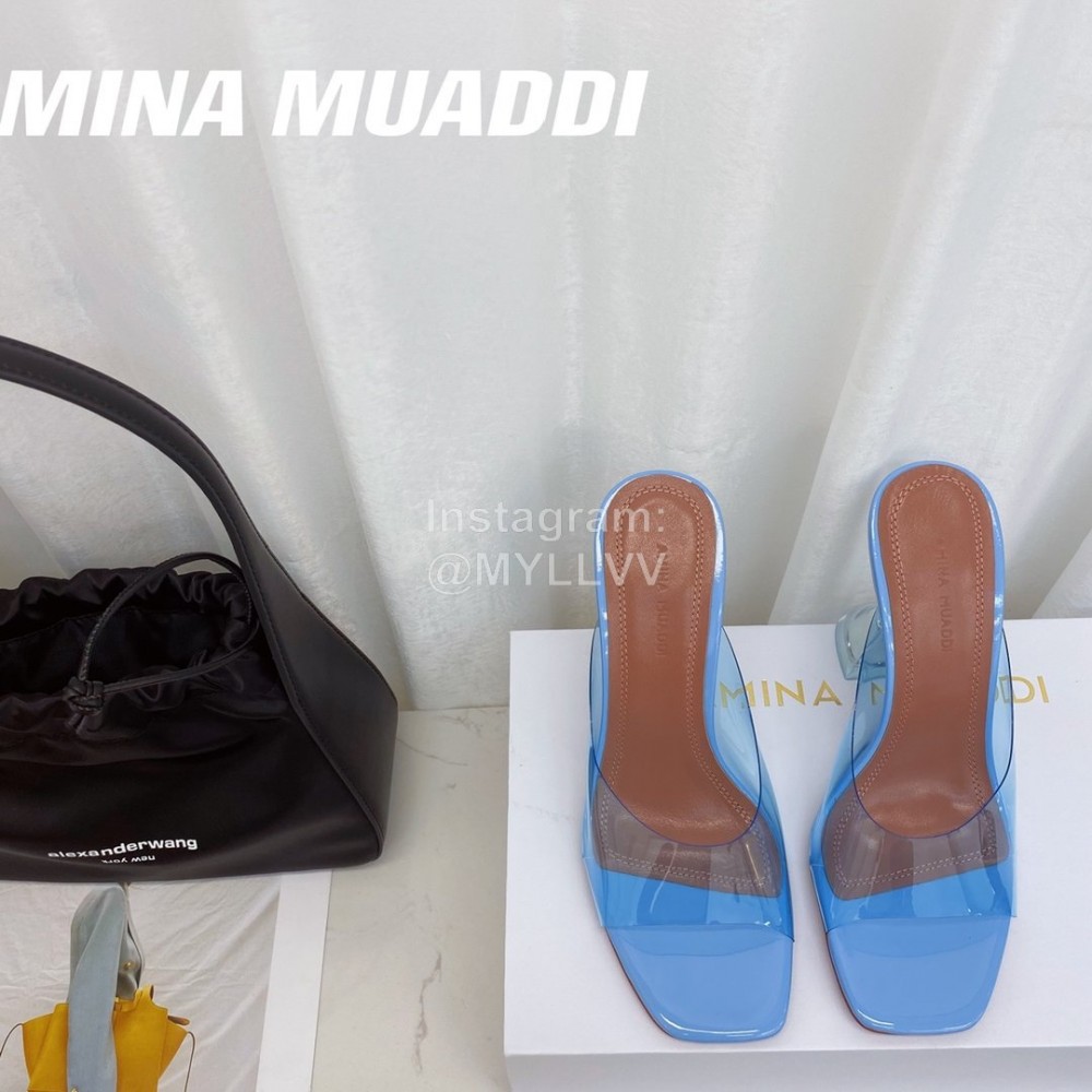 Amina Muaddi Sheepskin High Heeled Slippers For Women Blue