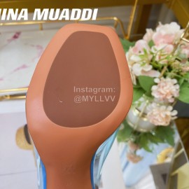 Amina Muaddi Sheepskin High Heeled Slippers For Women Blue