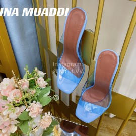 Amina Muaddi Sheepskin High Heeled Slippers For Women Blue