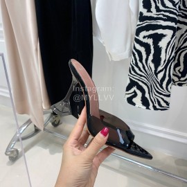 Amina Muaddi Sheepskin Pointed High Heeled Slippers For Women Black