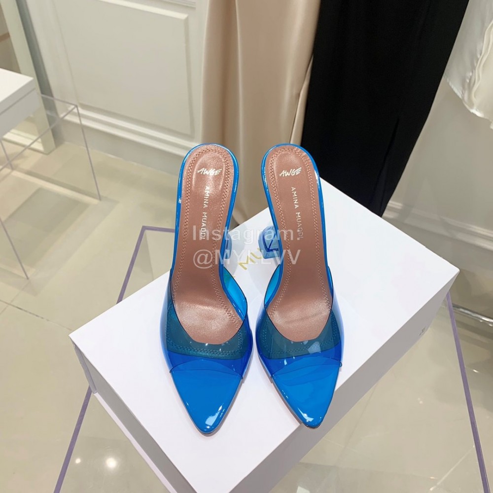 Amina Muaddi Sheepskin Pointed High Heeled Slippers For Women Dark Blue