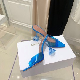 Amina Muaddi Sheepskin Pointed High Heeled Slippers For Women Dark Blue