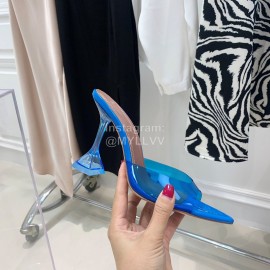 Amina Muaddi Sheepskin Pointed High Heeled Slippers For Women Dark Blue