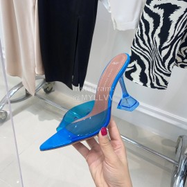 Amina Muaddi Sheepskin Pointed High Heeled Slippers For Women Dark Blue