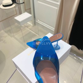 Amina Muaddi Sheepskin Pointed High Heeled Slippers For Women Dark Blue