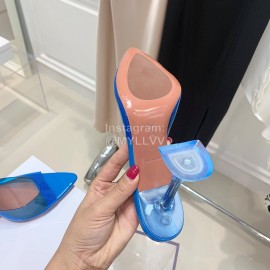 Amina Muaddi Sheepskin Pointed High Heeled Slippers For Women Dark Blue