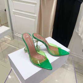 Amina Muaddi Sheepskin Pointed High Heeled Slippers For Women Green