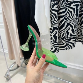 Amina Muaddi Sheepskin Pointed High Heeled Slippers For Women Green