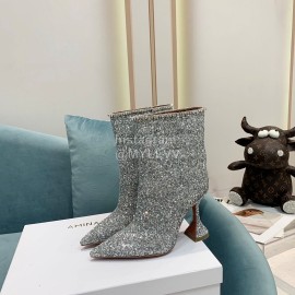 Amina Muaddi Cowhide Diamond High Heeled Boots For Women Silver