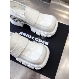 Angel Chen New Leather Thick Soled Metal Chain Loafers For Women White