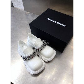 Angel Chen Leather Thick Soled Metal Chain Loafers For Women White