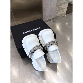 Angel Chen Leather Thick Soled Metal Chain Loafers For Women White