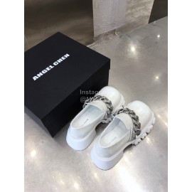Angel Chen Leather Thick Soled Metal Chain Loafers For Women White
