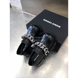 Angel Chen Leather Thick Soled Metal Chain Loafers For Women Black