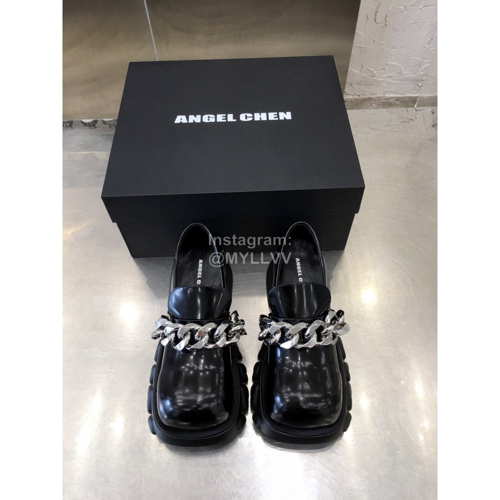Angel Chen Leather Thick Soled Metal Chain Loafers Black For Women 