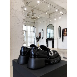 Angel Chen Leather Thick Soled Metal Chain Loafers Black For Women 