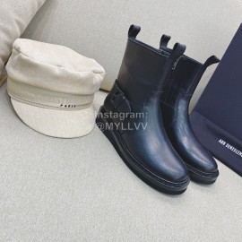 Ann Demeulemeester Vintage Black Leather Flat Heel Short Boots For Women 