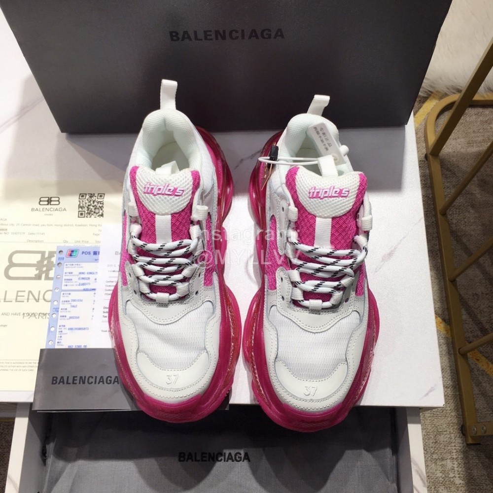 Balenciaga Triples Calf Leather Mesh Air Cushion Rose Red Sneakers For Men And Women