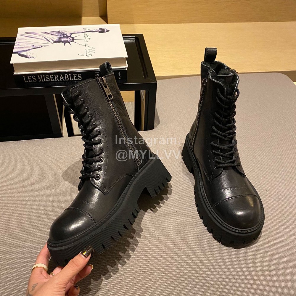 Balenciaga Autumn Winter New Soft Leather Lace Up Martin Boots For Women Black
