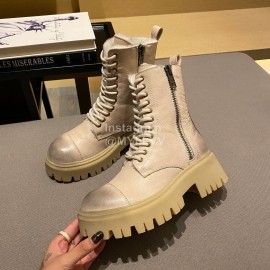 Balenciaga Autumn Winter New Soft Leather Lace Up Martin Boots For Women Khaki
