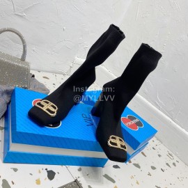 Balenciaga Autumn Winter Black Leather Elastic Woven Socks Boots