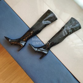 Balenciaga Autumn Winter Black Patent Leather Knee High Heels Boots