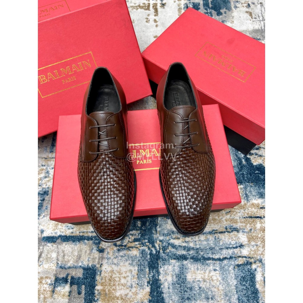 Balmain Woven Calf Leather Lace Up Shoes For Men Brown