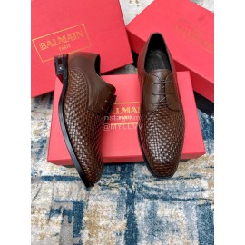 Balmain Woven Calf Leather Lace Up Shoes For Men Brown