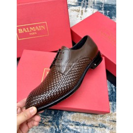Balmain Woven Calf Leather Lace Up Shoes For Men Brown