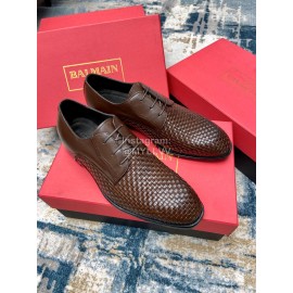 Balmain Woven Calf Leather Lace Up Shoes For Men Brown