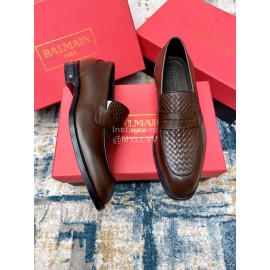 Balmain Woven Calf Leather Shoes For Men Brown