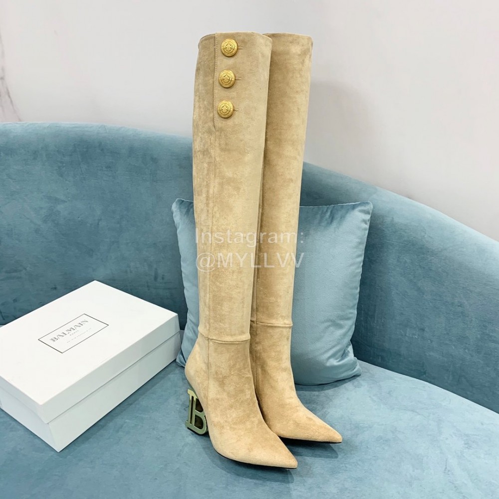 Balmain Autumn Winter New Velvet Cowhide Pointed B Heel Boots For Women Beige