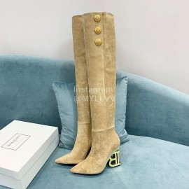 Balmain Autumn Winter New Velvet Cowhide Pointed B Heel Boots For Women Beige
