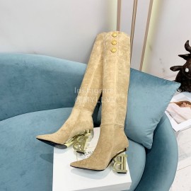 Balmain Autumn Winter New Velvet Cowhide Pointed B Heel Boots For Women Beige