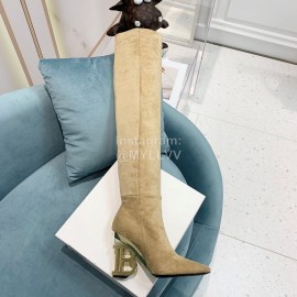 Balmain Autumn Winter New Velvet Cowhide Pointed B Heel Boots For Women Beige